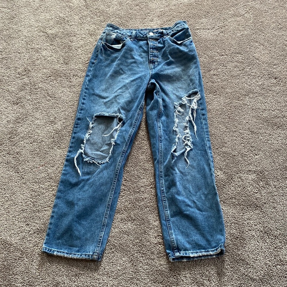 Angel Kiss Distressed Straight Leg Jeans Light Wash Ripped Knee Raw Hem SIZE 9